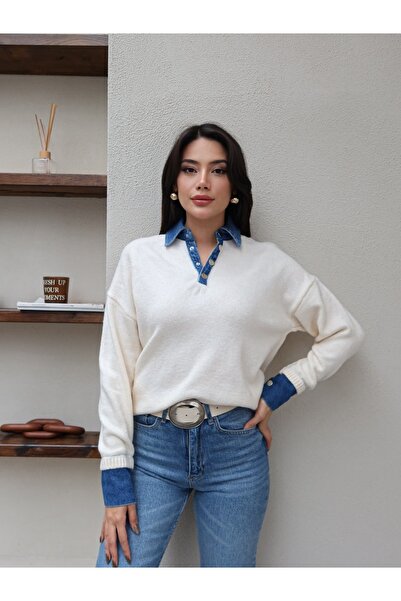 ESRAHELVACI Snap Fastener Denim Detail Knitwear Sweater