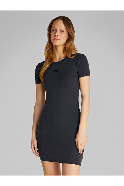 Calvin Klein Women Washed Black Washed Woven Label Rib Dress