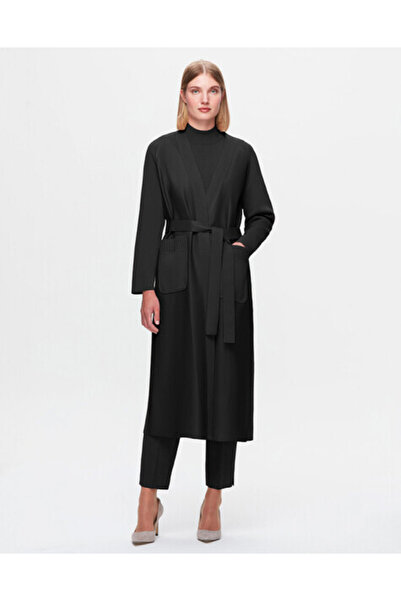 MISS DALIDA T25K-8011 Önü Deri Kuşaklı Uzun Ceket BLACK