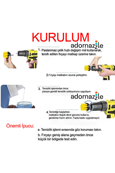 adornazzle Zorlu Kirler İçin Matkap Ucu Fırça Seti, 3’lü Başlık, Çok Amaçlı Temizlik ve Yıkama Aparatı