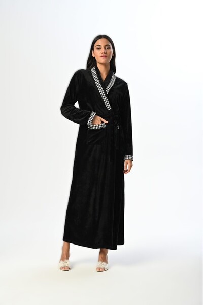 Pelin Women's Black Shawl Collar Patterned Belted Dressing Gown with Pockets