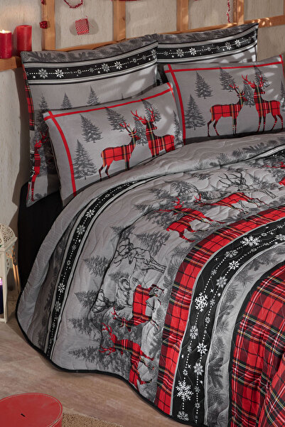 Enlora Home Kapitone Yatak Örtüsü Seti Çift Kişilik Christmas Kırmızı