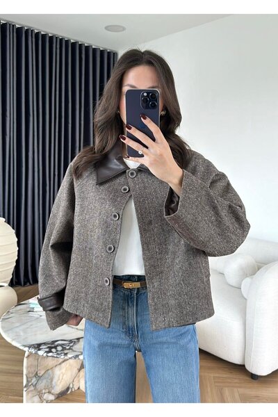 LOKADI Women's Faux Leather Trimmed Herringbone Jacket