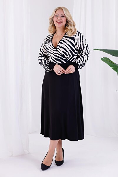 Madwilo Women's Black and White Zebra Pattern Blocky Double Breasted Collar Balloon Sleeve Plus Size Stretchy Maxi Dress