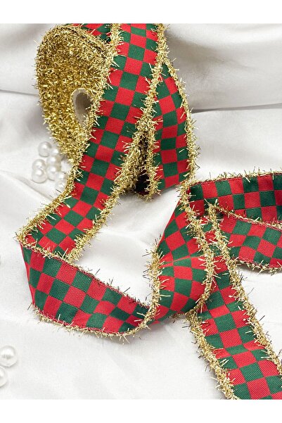 E Elmas Simli Yılbaşı Ekose Kurdele ( 2 metre 2.5cm )