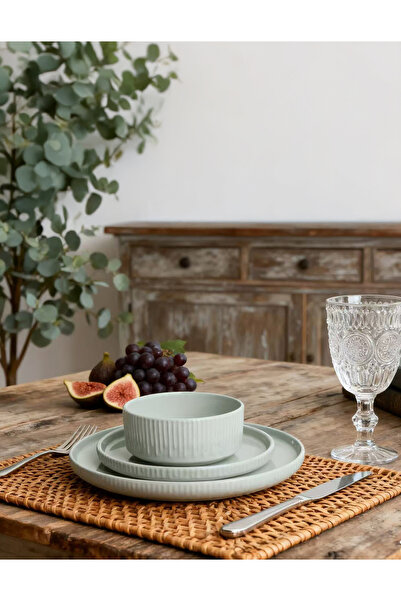 SHALLOW Stoneware HARPER 12Pc Dinnerset - Green, 4x10.5” Plates,4×7.5” SidePlates & 4x5.5” Deepbowls