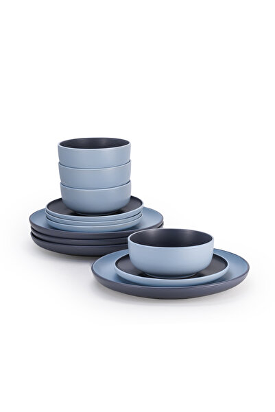 SHALLOW Nordic 12-Pc Dinner Set, Blue, 4 × 10.5” Plates, 4 × 7.5” Side Plates & 4 × 5.5” Deep Bowls