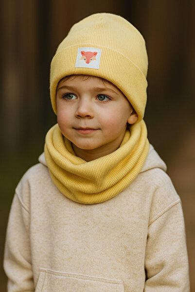 MintTasarımButik Cotton Cable Knit Beanie Neck Warmer Set for Baby and Child Mustard – Winter Soft Set