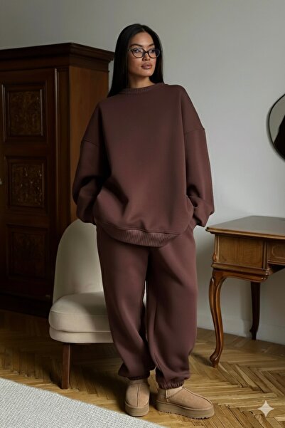 The Champ Clothing Дамски комплект от двойни спортни панталони Basic Brown – велосипедна яка, еластичен подгъв, 3-нишка полар