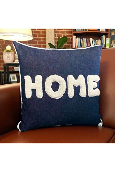 Leila Home Living Lacivert beyaz Punch işlemeli HOME yazılı kırlent kılıfı