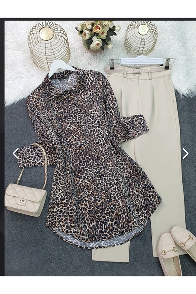 ZENNE MODA Leopar desen oval kesim düğmeli tunik gömlek