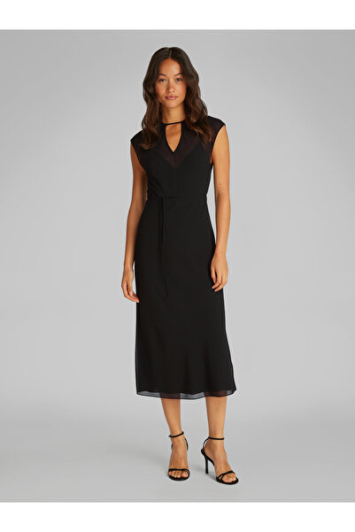 Calvin Klein Women Black Belted Keyhole Neck Sheer Midi Dress