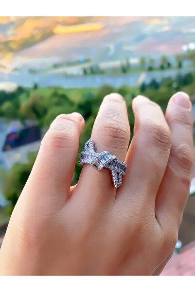 VEGALUXE Steel Bow Zircon Stone Silver Color Ring Adjustable to Fit the Finger. Does Not Tarnish.