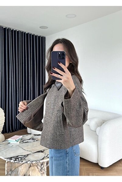 LOKADI Women's Faux Leather Trimmed Herringbone Jacket