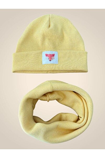 MintTasarımButik Cotton Cable Knit Beanie Neck Warmer Set for Baby and Child Mustard – Winter Soft Set