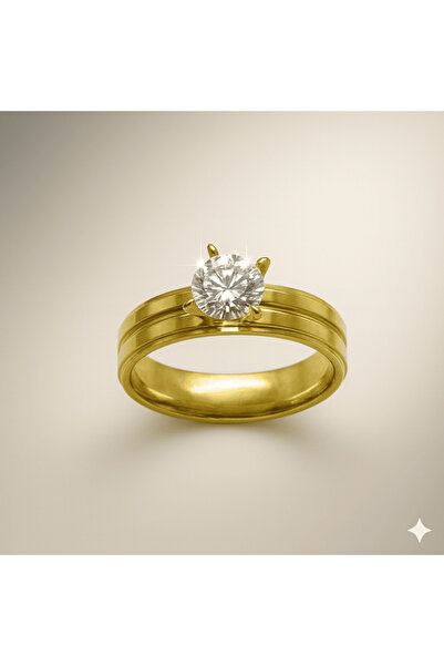 Tesbihane Gold Color Zircon Stone V Design 316L Quality Stainless Steel Women Solitaire Ring - 21 Size