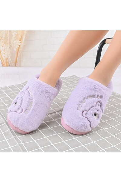 Tmall Papuci pufoși pentru femei, cu ursuleț de pluș, Furry, PD1066, violet