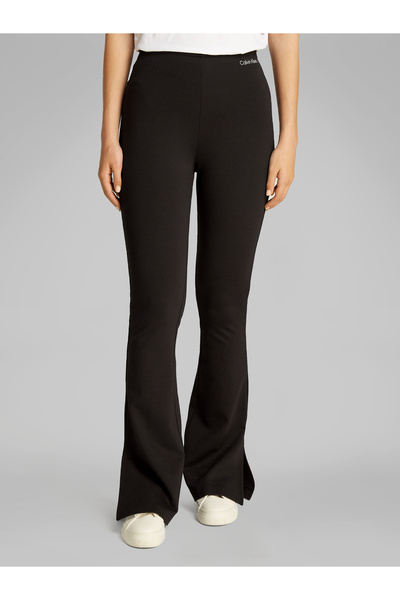 Calvin Klein Women Black Milano Logo Embroidered Flared Leggings