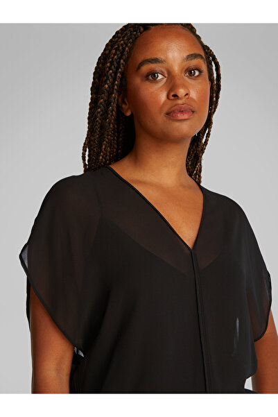 Calvin Klein Women Black Relaxed Sheer Georgette Short Sleeve Blouse