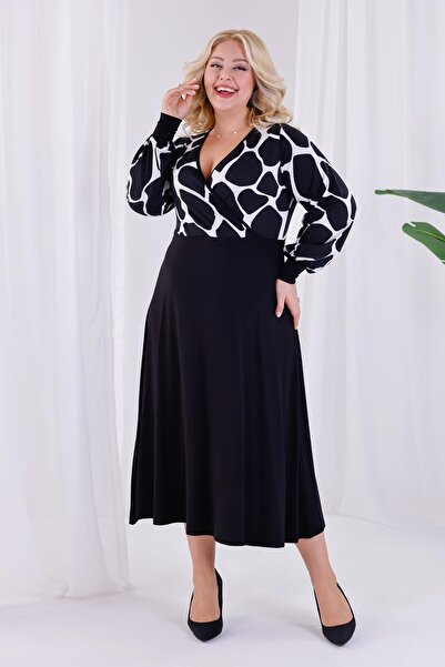 Madwilo Women's Black and White Stone Pattern Blocky Double Breasted Collar Balloon Sleeve Plus Size Stretchy Maxi Dress