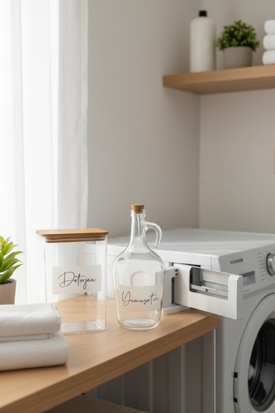 zezedesing Girid Series Transparent Labelled Detergent Jar and Softener Bottle with Wooden Lid 1500ml