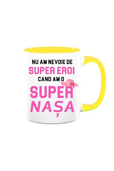 OEM Personalized mug with message: 'Super godmother', Betaprint, pink model, white with yellow interior,