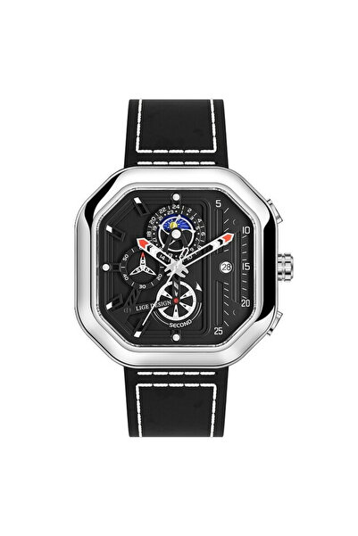 Lige Ceas bărbătesc Octagon din piele, cronograf, cu dată, argintiu