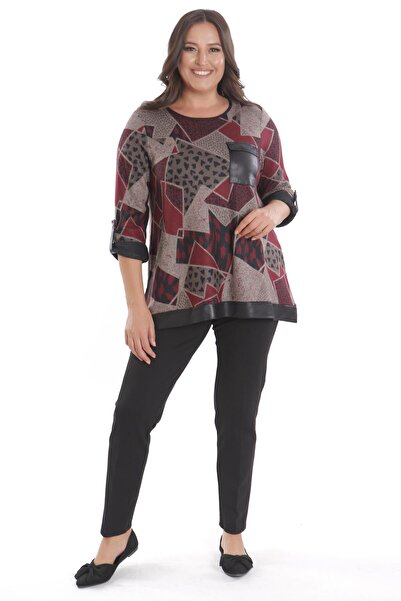 SERTUĞ Trend42plus Μπλούζα μεγάλου μεγέθους με γεωμετρικό σχέδιο με δερμάτινες τσέπες μπορντό