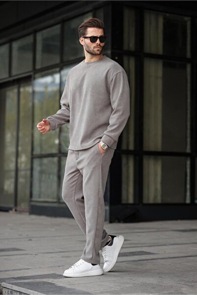 Madmext Βαμμένο γκρι ανδρικό βελούδινο κοστούμι με λαιμόκοψη E7337