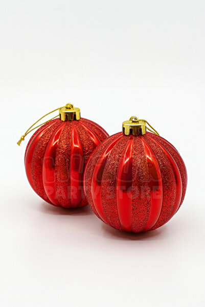 Huzur Party Store 15 cm Luxury Red Christmas Pine Tree Ball 2-Pack Shiny Glitter Large Size New Year Ornament Tree Decor