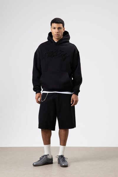 VAMOSCLO سويت شيرت بغطاء للرأس مطبوع كبير الحجم باللون الأسود