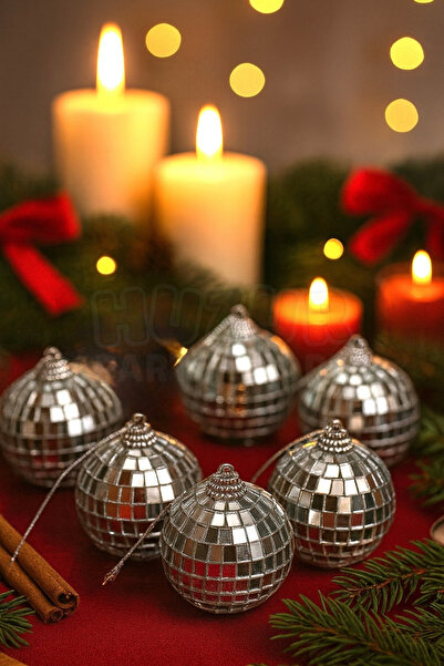 Huzur Party Store Αξεσουάρ για πάρτι με διακοσμητικό δέντρο 5 εκ. 6 τεμάχια ασημένια διακοσμητικά στολίδια χριστουγεννιάτικου δέντρου με λαμπερό λάμψη