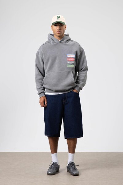 VAMOSCLO Oversize Yıkamalı Baskılı Kapüşonlu Sweatshirt Füme