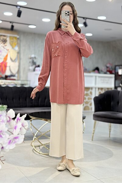 Magazin Büyük Beden Çiçek Nakış Cep Detaylı Tunik