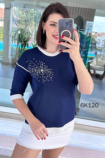 İnce Topuk İnci Detay Simli Triko Bluz 6K120