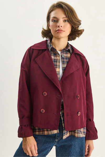 Bianco Lucci Women's Kruvaz Yake Aller Detailed Lined Short Trench Coat 7025 60283639