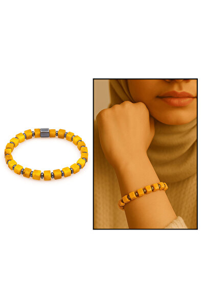 Tesbihane سوار نسائي من حجر الهيماتيت الطبيعي المختلط بقطع مكعبة بلون الخردل الطبيعي