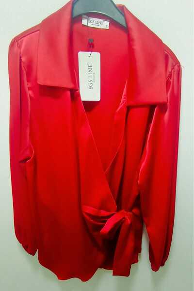 ZENNE MODA Şalvar üstü bağlamalı gömlek saten kırmızı renk