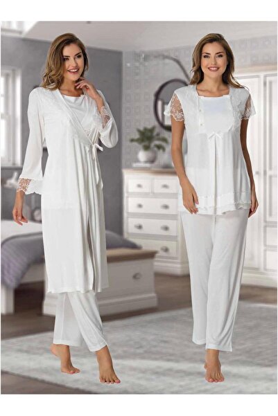 Lohusa Homewear Women's Ecru Design Lace Maternity Pajamas with Nursing Feature, 3-Piece Set