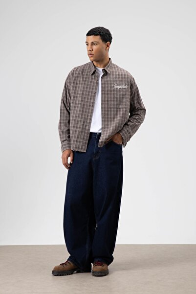 VAMOSCLO Oversize Checkered Back Printed Long Sleeve Shirt Mink-Brown