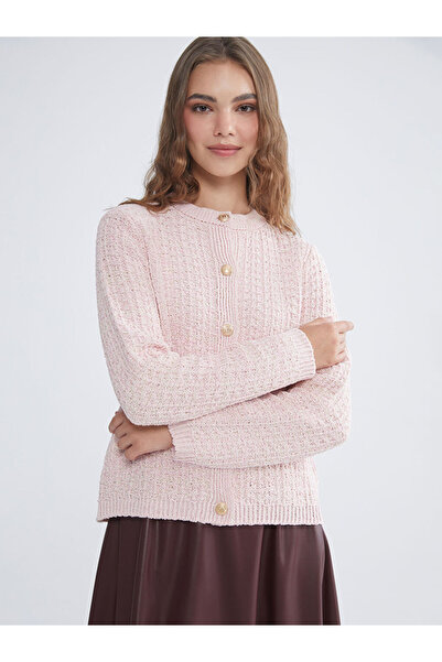 LC Waikiki Lcw Modest Pink Crew Neck Self Patterned Women's Knitwear Cardigan
