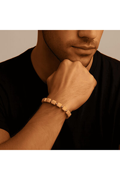 Tesbihane سوار رجالي من المعدن الفضي اللون مزين بسلسلة دوريكا وقطع مكعبة بلون الخردل الطبيعي