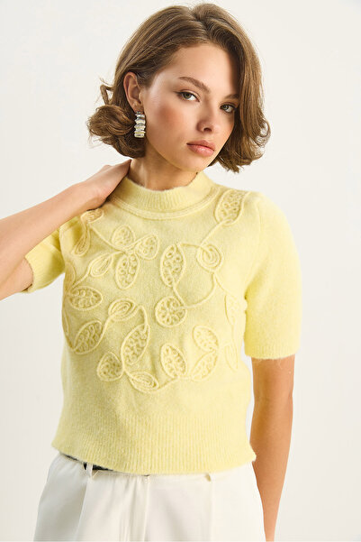 Bianco Lucci Women's Short Sleeve Embroidery Patterned Knitwear Sweater 5021 60283664