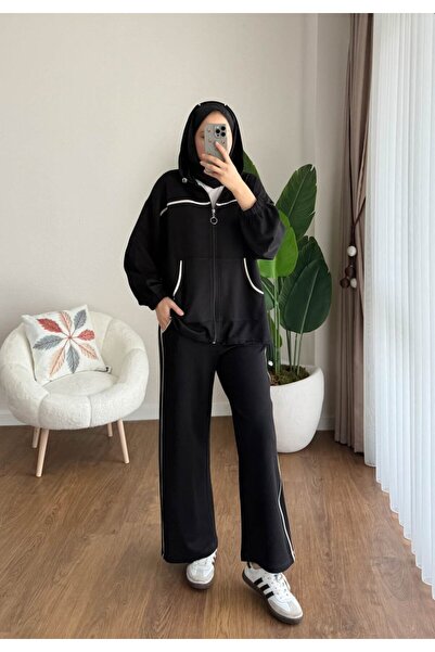 Miraydın Butik Women's Piping and Hooded Zipper Detailed Hijab Tracksuit Set M251077 - Black