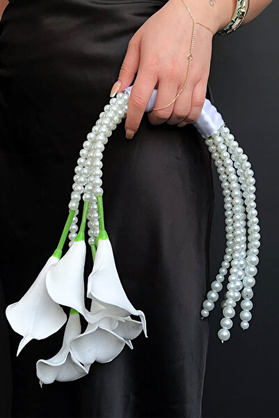 Happyline 7 li trend cam incili beyaz ıslak çanta gala yapay gelin çiçeği buketi