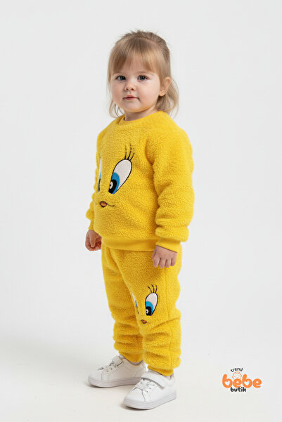 Trend Bebe Butik Tweety Desenli Sarı Welsoft Kız Çocuk Eşofman Takımı – Yumuşak Peluş Kumaş, Kışlık Rahat Takım