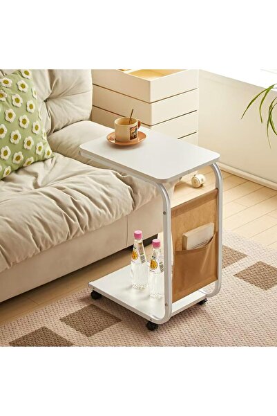 awwaline Coffee table with wheels and storage space, awwaline, wood, white, 2 levels, 30 x 45 x 65 cm