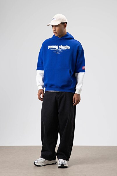 VAMOSCLO Oversize Baskılı Kapüşonlu Sweatshirt Saks