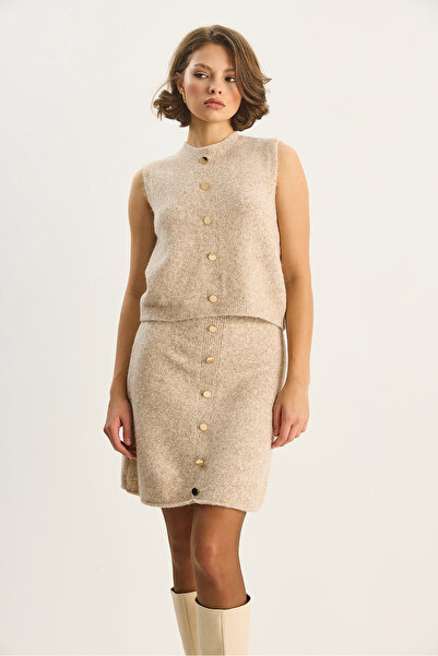 Bianco Lucci Women's Gold Button Detailed Knitwear Skirt Blouse Set 4982 60283665