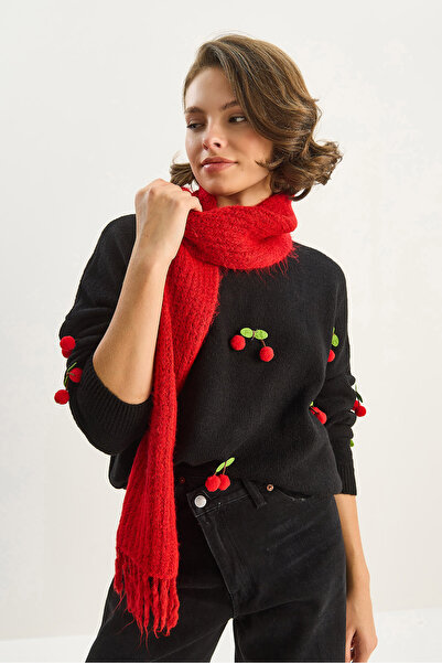 Bianco Lucci Pulover de tricotat obișnuit pentru femei, cu decolteu rotund, cu accesorii cireșe 60283641